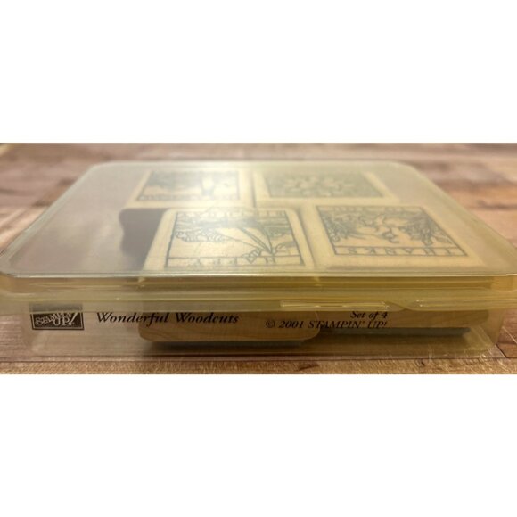 2001 STAMPIN' UP! Wonderful Woodcuts Wood Mounted Rubber Stamp set of 4 - Picture 2 of 5